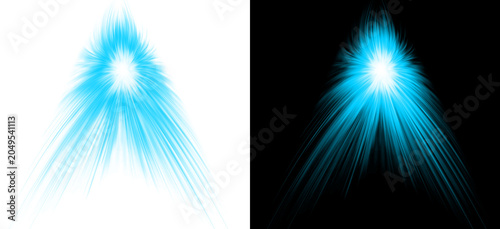 Foto Abstract bright glowing cyan flare light effect with sharp radiating beams of energy isolated on transparent dark background for design