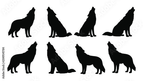 Collection of wolf silhouettes in various poses against a white background silhouette wolves canine canines wildlife animal animals predator predators