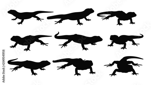 Canvastavla Collection Of Lizard Silhouettes In Various Poses Against A White Background Sil