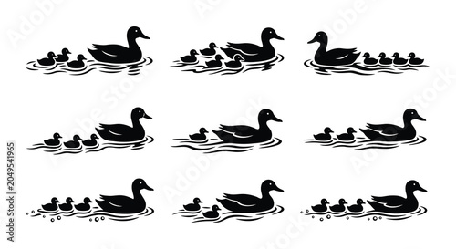 Fotografie Duck family silhouettes with water ripples black vector illustration