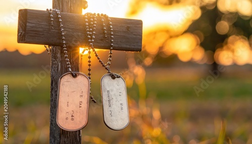 Soldier's Dog Tags Hanging on a Simple Wooden Cross at Sunset, Honoring Military Sacrifice and Remembrance
