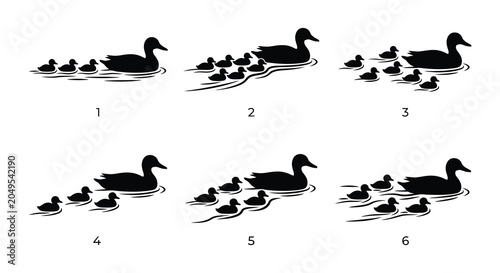 Fotografija Duck family silhouettes with water ripples black vector illustration