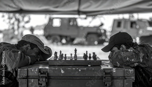 Soldiers engaged in a strategic chess match on an ammo crate during a military break with a blurred background of vehicles