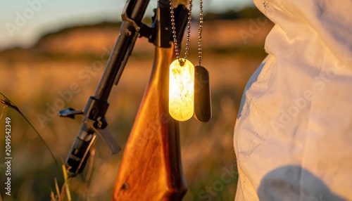 Soldier's glowing dog tags suspended from a rifle bayonet in a field at sunset