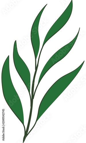 A minimalist graphic illustration showcases a single branch with long, slender green leaves, set against a clean background, evoking a sense of natural simplicity and growth.