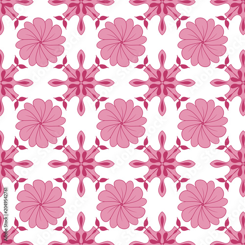 Pink Floral Ornamental Seamless Pattern with Decorative Folk Art Motifs