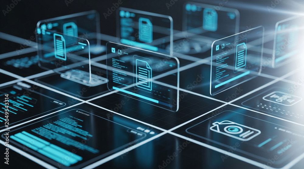 © Nusrat - Complex digital network grid with multiple floating file icons and data nodes representing information management and virtual document storage solutions on high tech black surface.