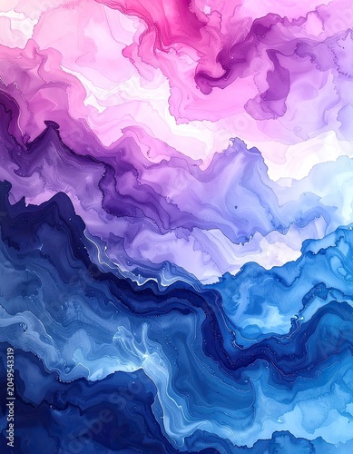 An abstract watercolor painting features swirling patterns of pink, purple, and blue hues.
