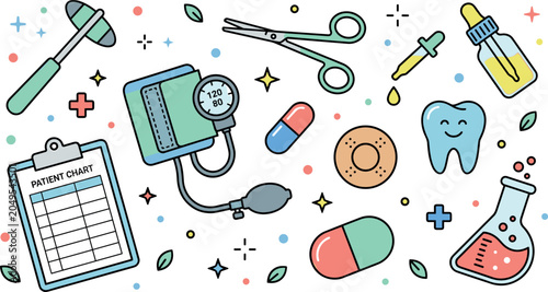 Foto Cute Medical Doodle Vector Icon Set with Sphygmomanometer Blood Pressure Monitor