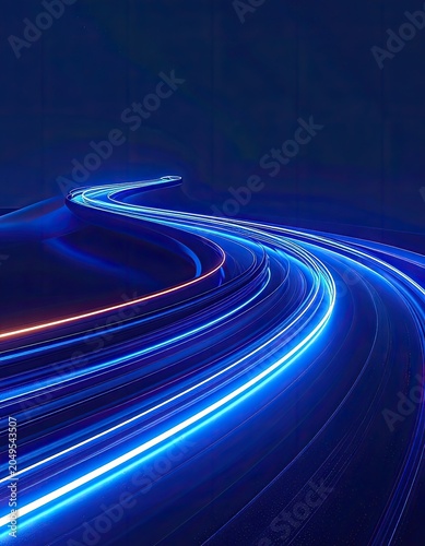 Abstract light trails curve across a dark blue background.