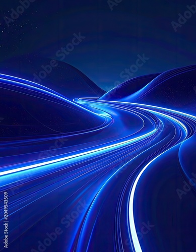 A sweeping blue light trail curves through a dark, stylized landscape.