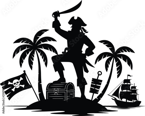 Obraz na plátně Pirate captain silhouette standing on treasure chest on a tropical island with p