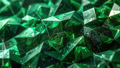 Abstract geometric crystals in shades of emerald green with sparkling light effects.