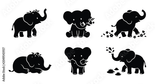 Canvas Print Floral Elephant Silhouettes Black Vector Illustration Set