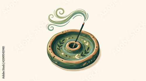 Tableau sur toile Incense stick in green holder smoke.
