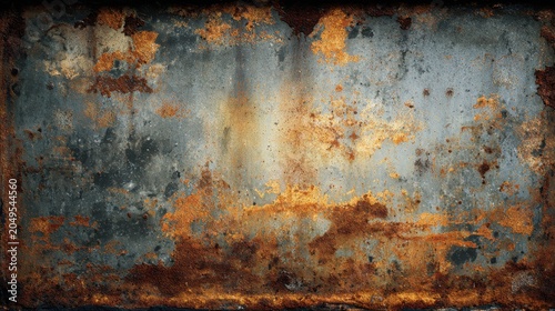 Rusty metal texture and vignette with peeling paint and weathered surface. Grunge industrial background for vintage design, abstract art
