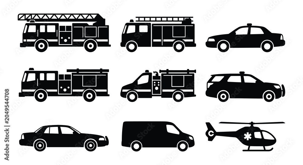 Obraz premium Black Silhouette Of Emergency Vehicles Fire Trucks And Police Cars