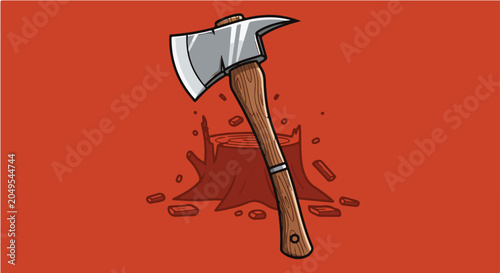 Photography A clean, stylized vector illustration featuring a sturdy axe with a wooden handle firmly struck into the top of a cut tree stump