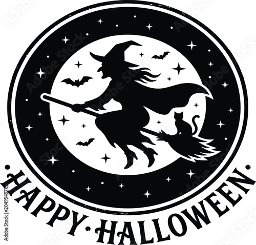 Foto Black and white halloween icon with witch on broomstick