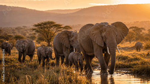 Photography Herd of elephants walking through waterhole at golden sunset in African savanna