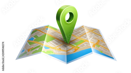 Folded city map with green location pin marker navigation destination tracking GPS route planning concept illustration on white background