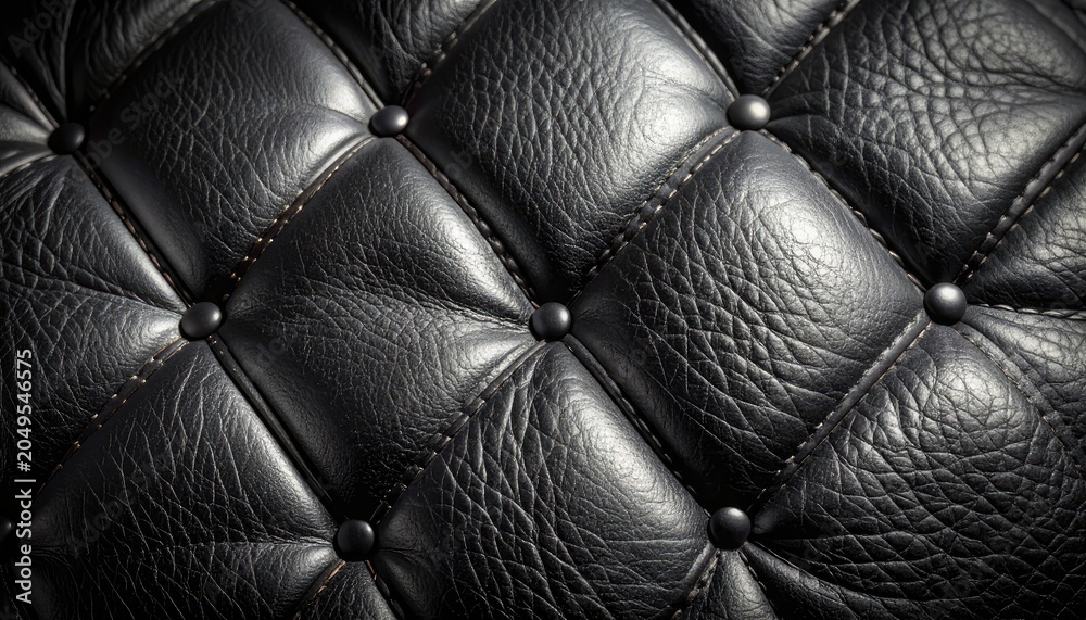 Fototapeta premium Close-up of a Black Tufted Leather Surface with Diamond Stitching and Rivets