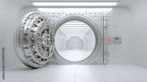 An open vault door with a circular opening, revealing a sterile, well-lit corridor. The vault is made of polished metal with intricate locking mechanisms and rivets.