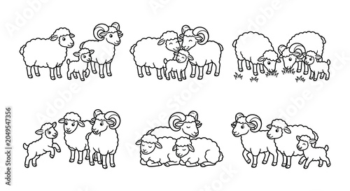 Fotografija Sheep And Ram Vector Illustrations Black And White Line Art