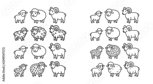 Fotografia Sheep And Ram Vector Illustrations Black And White Line Art