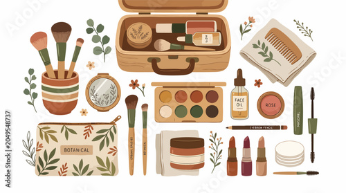 Tableau sur toile Makeup Brushes and Cosmetics Displayed.