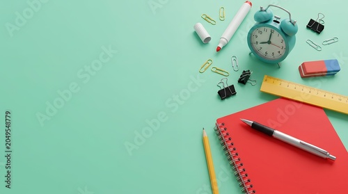 A collection of school and office supplies including a red notebook pen pencil alarm clock ruler eraser marker and paper clips are neatly arranged on a pastel teal surface