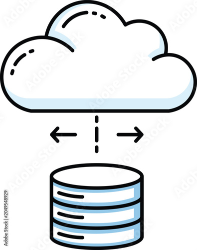 Simple line of cloud-to-database data transfer with bidirectional arrows data storage