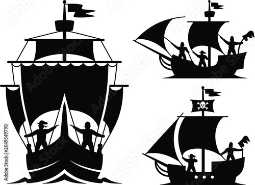 Foto Pirate ship silhouettes set featuring sailing vessels with crew, captains, jolly