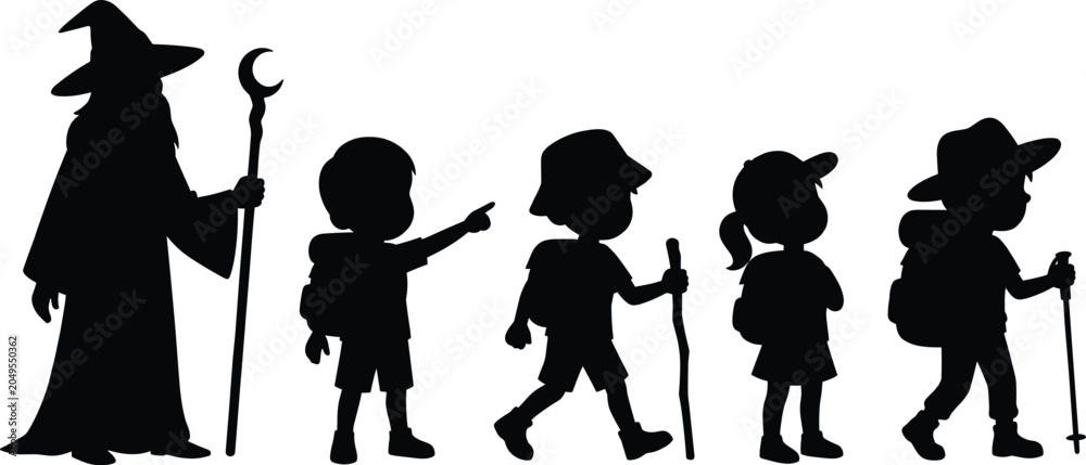 Naklejka premium Wizard guiding children on a hiking adventure black silhouette set featuring young explorers with backpacks and walking sticks isolated on white
