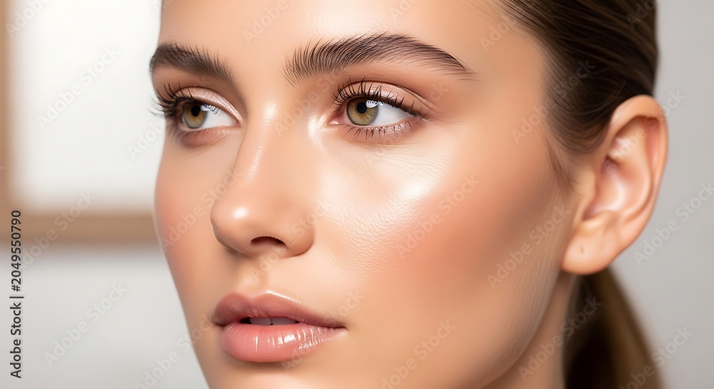 Fototapeta premium Close-up Portrait of a Beautiful Young Woman with Natural Glowy Skin and Sophisticated Makeup for a Professional Beauty Editorial