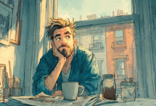 Male character with tousled hair sitting at a table, gazing thoughtfully out of a window, with a coffee cup and newspaper in a cozy, sunlit room