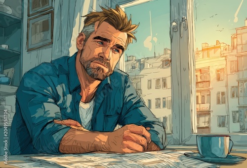 Illustration of a contemplative man with a beard sitting at a table by a window, sunlight illuminating a cityscape with buildings in the background