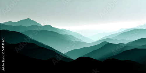 Foto Misty mountain range rendered in atmospheric teal and dark hues, evoking a sense of vastness and tranquility