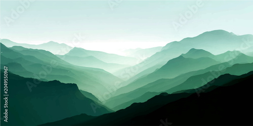 Fotografia Misty mountain range shrouded ethereal fog, layer upon layer peaks receding distant horizon, creating serene atmospheric perspective