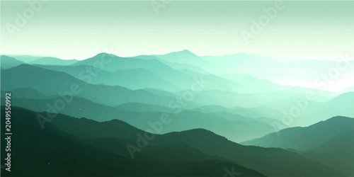 Foto Ethereal mountain range unfolds in successive layers, shrouded soft mist and bathed ethereal, cool-toned light