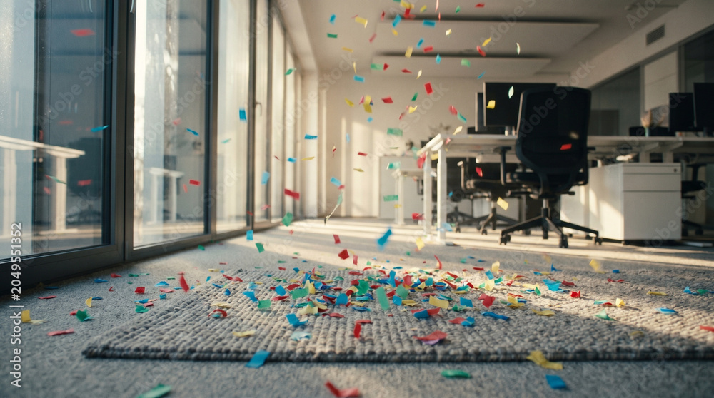 Naklejka premium Bright open‑plan office with carpeted floor covered in colourful confetti — joyful workplace celebration scene highlighting corporate success, teamwork, and festive professional atmosphere