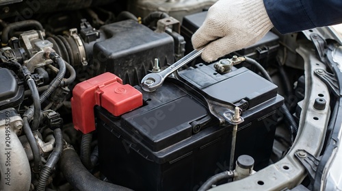 Mechanic wearing white gloves uses a wrench to tighten a bolt on a car battery terminal inside an engine bay repair maintenance automotive auto service vehicle mechanic hand