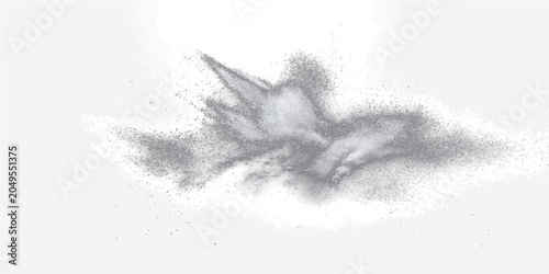 Obraz na płótnie Explosion of fine grey powder particles dispersed against white background, suggesting impact or sudden disintegration