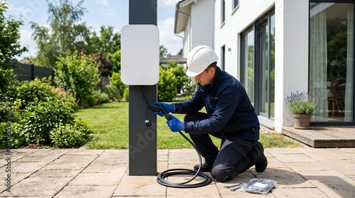 A man wearing a hard hat and gloves connects a charging cable to an electric vehicle charging station in a suburban garden worker technician installation connecting EV charger