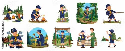 Valokuva Boy Scout Summer Camp Activities Set featuring Hiking, Camping, Fire Roasting, K
