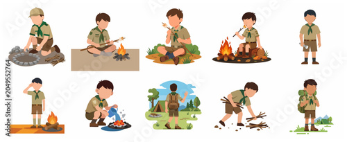 Konstfotografi Set of Boy Scout Character Illustrations for Outdoor Camping and Adventure Activ