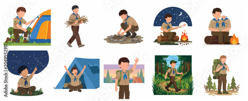 Boy Scout Camping and Outdoor Adventure Activities Flat Illustration Set Including Hiking, Tent, Bonfire, and Stargazing
