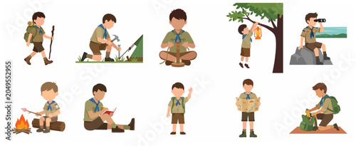 Vector illustration set of boy scout character performing various outdoor camping activities including hiking, roasting marshmallows, and reading a map.