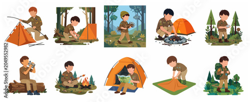 Boy Scout camping character set, little scout boy doing outdoor activities like setting up tent, building campfire, hiking and map reading in forest flat vector illustration.