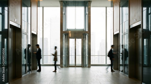 Business professionals navigate a brightly lit, contemporary corporate building lobby, featuring sleek elevators and modern architectural design, symbolizing urban efficiency and professional ambition